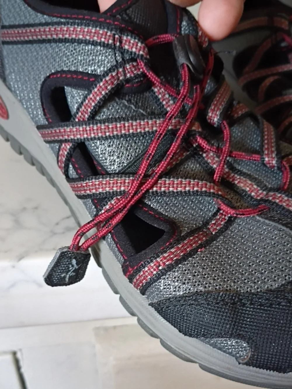 Chaco Kids Gray and Black Water Shoes with Red Laces
